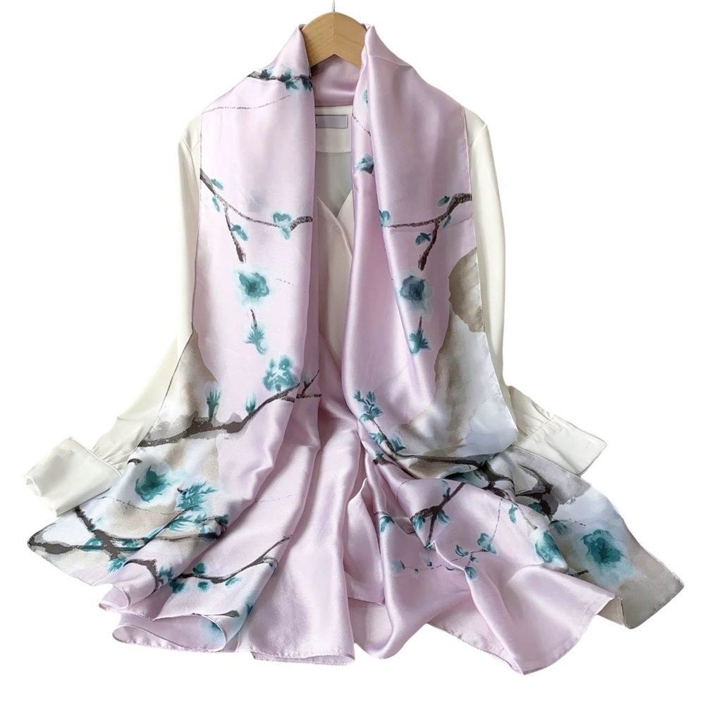 Silky Satin Pink Blossom Oversized Scarf Shawl Wrap Hijab – Lightweight